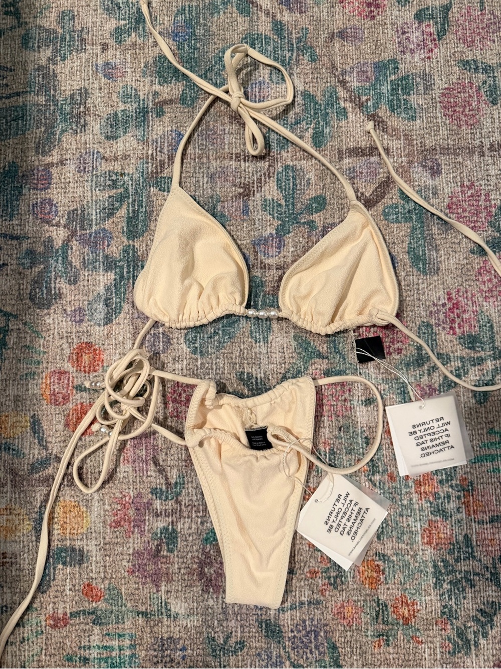 Women's Cream Textured Triangle String Bikini Set